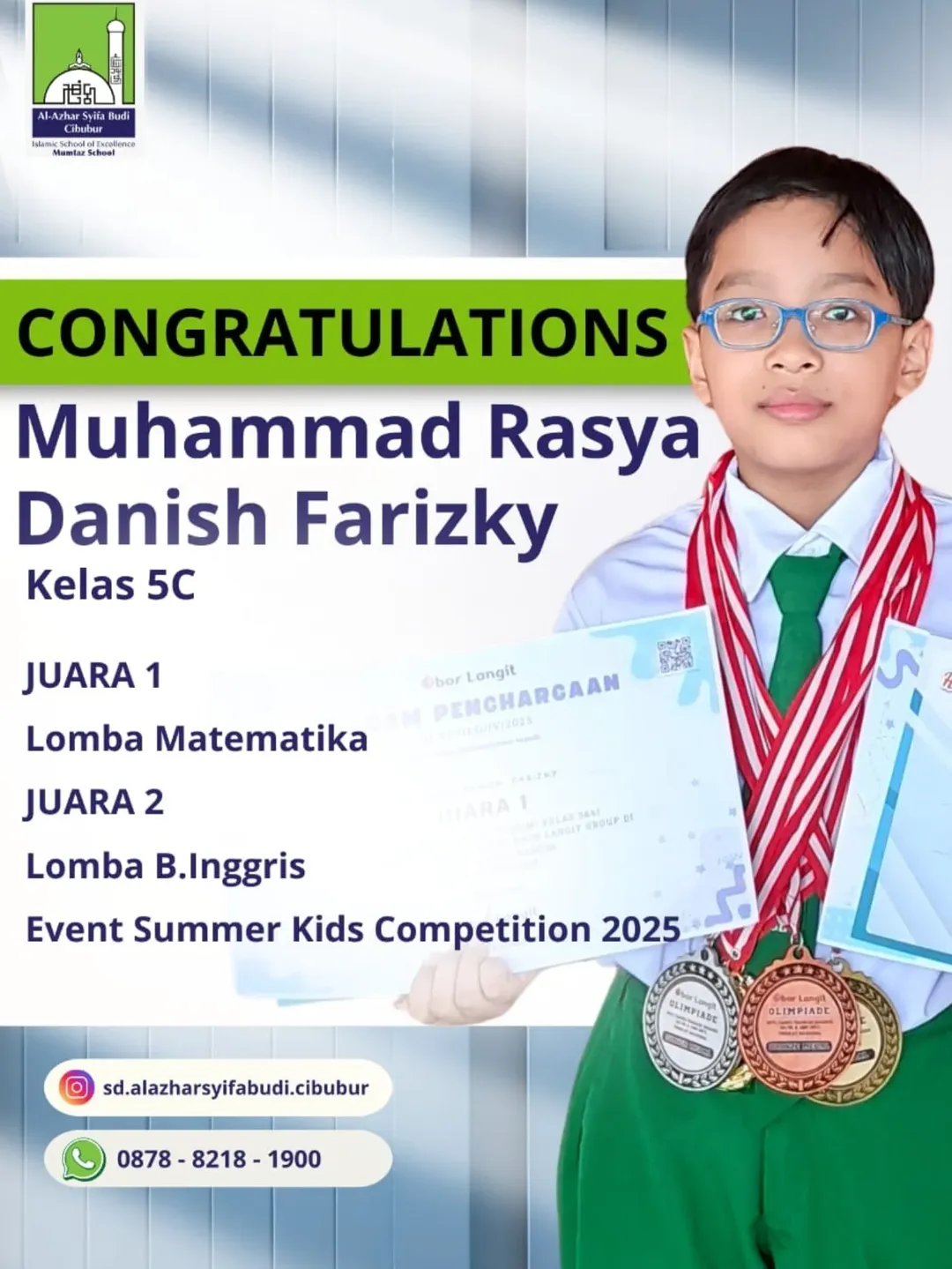 Rasya Danish Farizky, Bintang Berprestasi dari SD Al Azhar Syifa Budi Cibubur! ✨Kami dengan ban